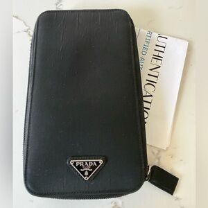Prada Tessuto Nylon Zip Around Travel Organizer Wallet Black Leather Italy COA